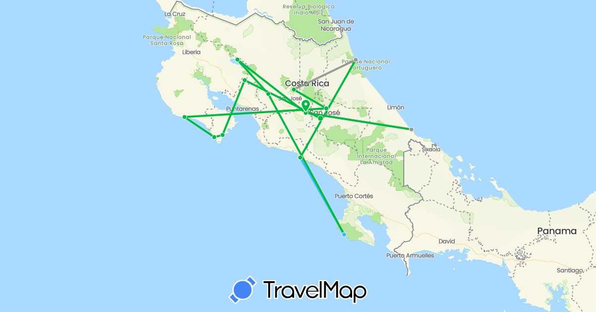 TravelMap itinerary: bus, plane, boat in Costa Rica (North America)